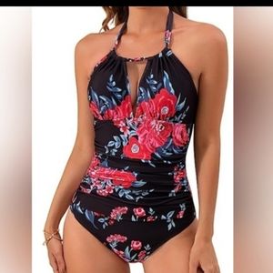 B2prity One Piece black,flower swimwear, with peephole chest size small (item40)
